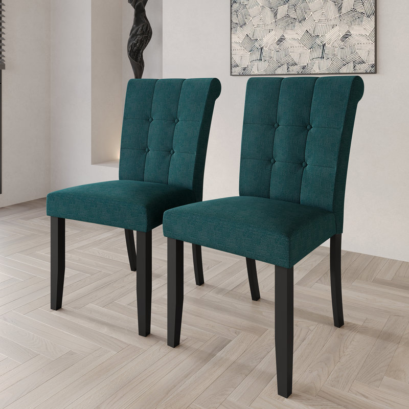 Black Wooden Dining Chair With Linen Cover, Teal