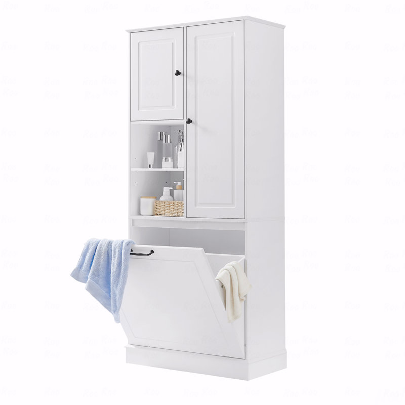 Tall Storage Cabinet With Adjustable Shelves, Large Flip-Out Basket And Enclosed Cabinets, White