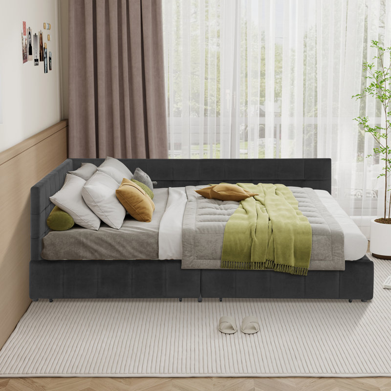 Modern Queen Size Storage Upholstered Tufted Bed Frame,sofa Bed Frame With Comfortable Backrest And Armrests, Black