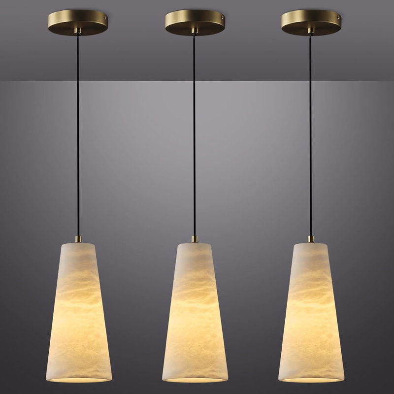 Rennata Height Adjustable Luxurious Alabaster Conical Pendant Lights(Set of 3), Gold