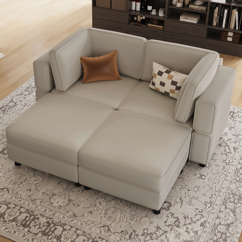 Modular Loveseat Sofa With Two Ottomans, Gray Velvet