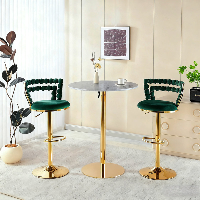 Ensemble de table de bar Modern Gold moderne avec 2 tabourets de bar réglables, table de pub ronde à motif de marbre pour le bar et la cuisine
