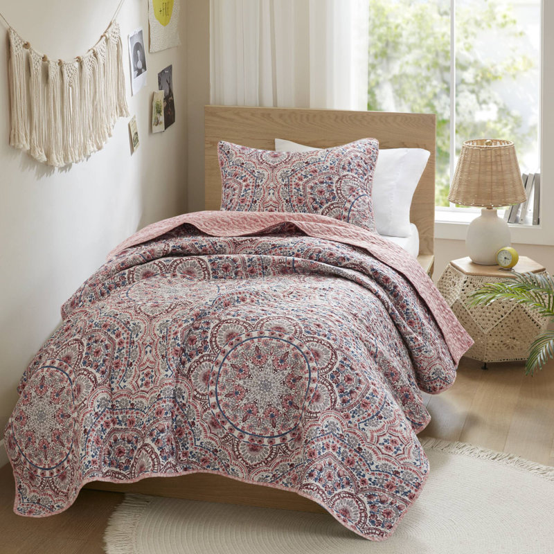 Courtepointe simple réversible 2 pièces Valerie, Motif floral rose, Édredon simple + 1 très grande taie décorative