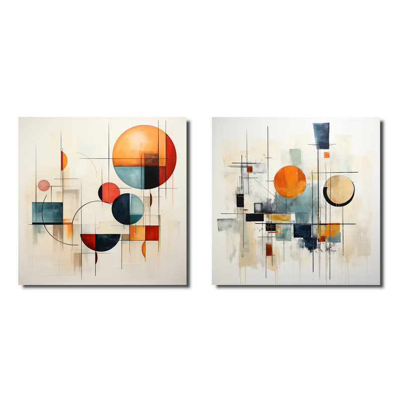 Collage coloré patchwork géométrique Mid-Century - formes abstraites, ensemble de 2 carrés, H 36 po x l 73 po, Toile tendue