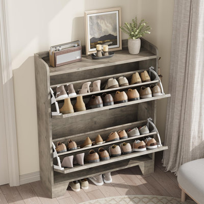 Narrow Shoe Cabinet with 2 Flip Drawers & Hooks, Slim Hidden Shoe Storage Organizer for Entryway or Hallway