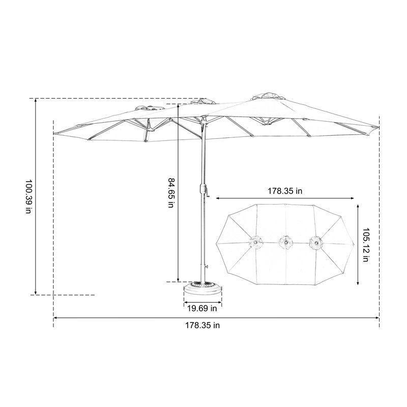 Parasol d'extérieur rectangulaire 14,8 pi avec manivelle et grand abat-jour, Bleu