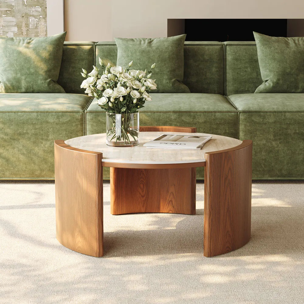 Stone Coffee Table, Brown, 15" H x 32" L x 32" W, Light Beige