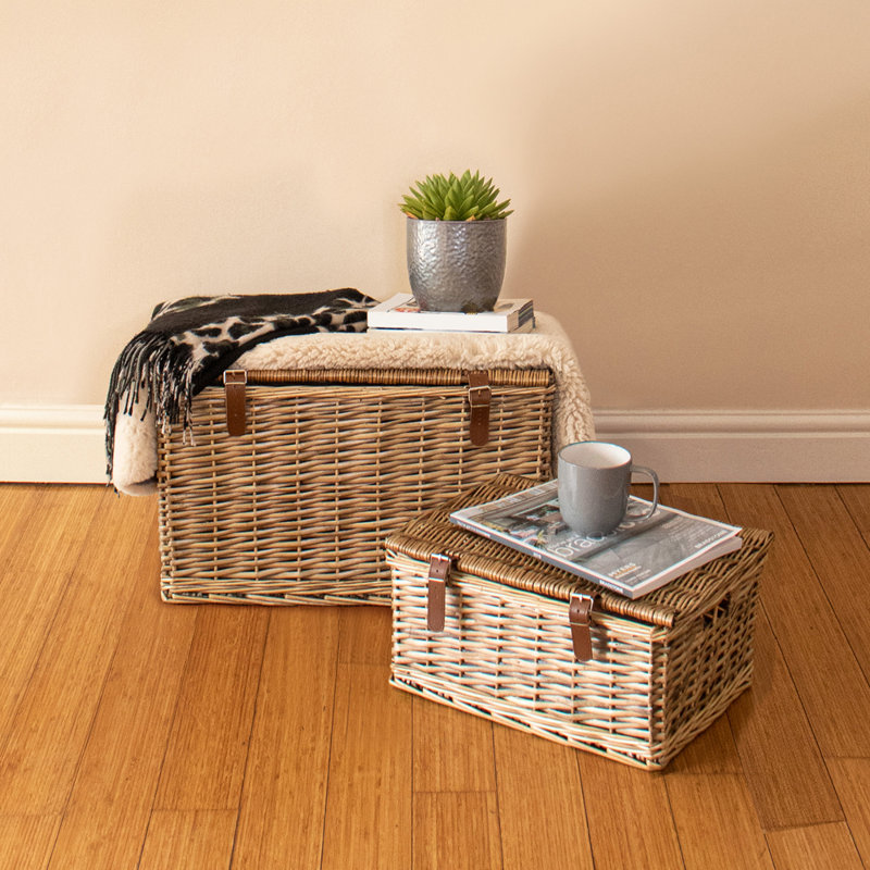 Buff Wicker Hampers with Faux Leather Straps, Set of 2 (32 cm x 54 cm x 36 cm)