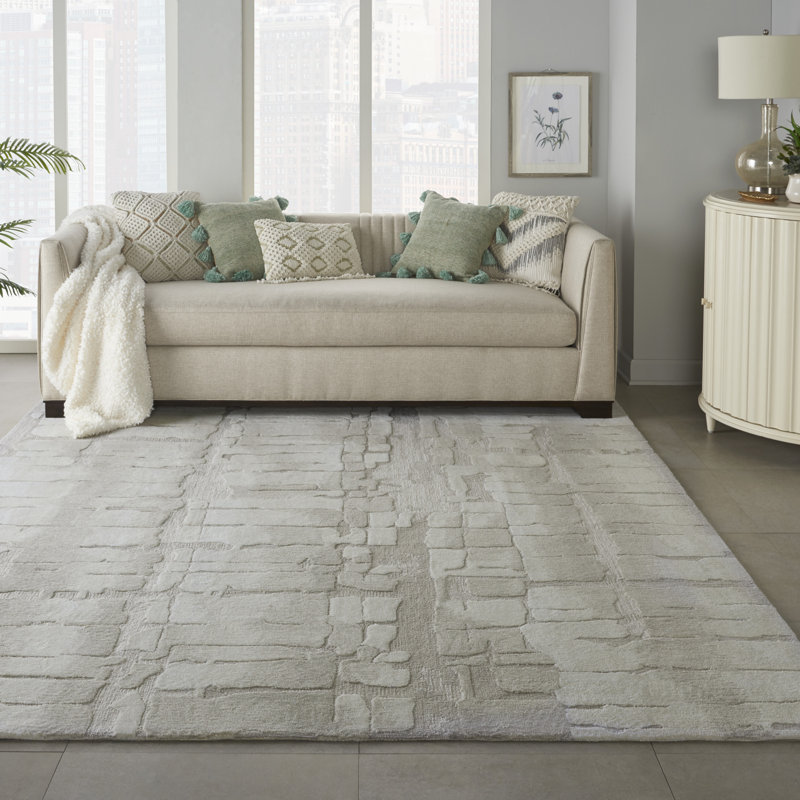 Tapis bleu moderne fait à la main, Rectangle 8 pi 6 po x 11 pi 6 po