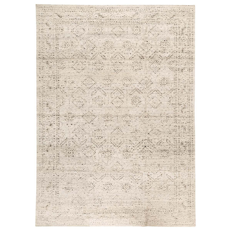 Tapis beige / noir en laine / viscose noué à la main de conception unique 9 pi 9 po x 13 pi 11 po