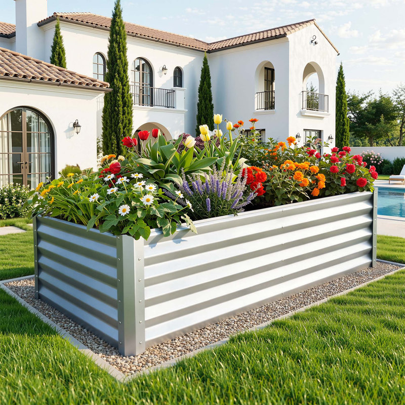 Large Galvanized Raised Garden Bed Kit With Gloves, Silver, 36'' H x 96'' W x 48'' D
