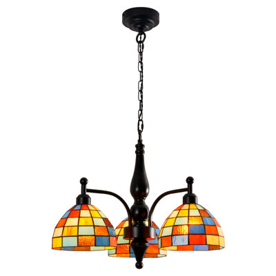 3‑Light  Chandelier, Vintage Stained Glass Pendant Light, Multi‑Color Mosaic Hanging Ceiling Light for Dining Room Living Room Kitchen Island