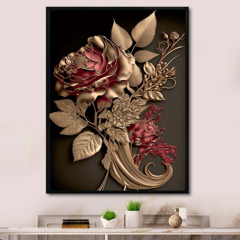 «Gilded Rose Vintage Glam I», reproduction sur toile florale, H 44 po x l 34 po, Toile avec cadre flottant, Noir