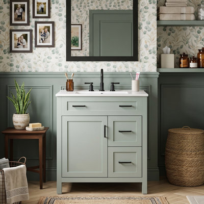 Meuble-lavabo de 30 po avec lavabo en céramique, armoire de rangement en bois massif avec 2 tiroirs à fermeture en douceur et 1 porte