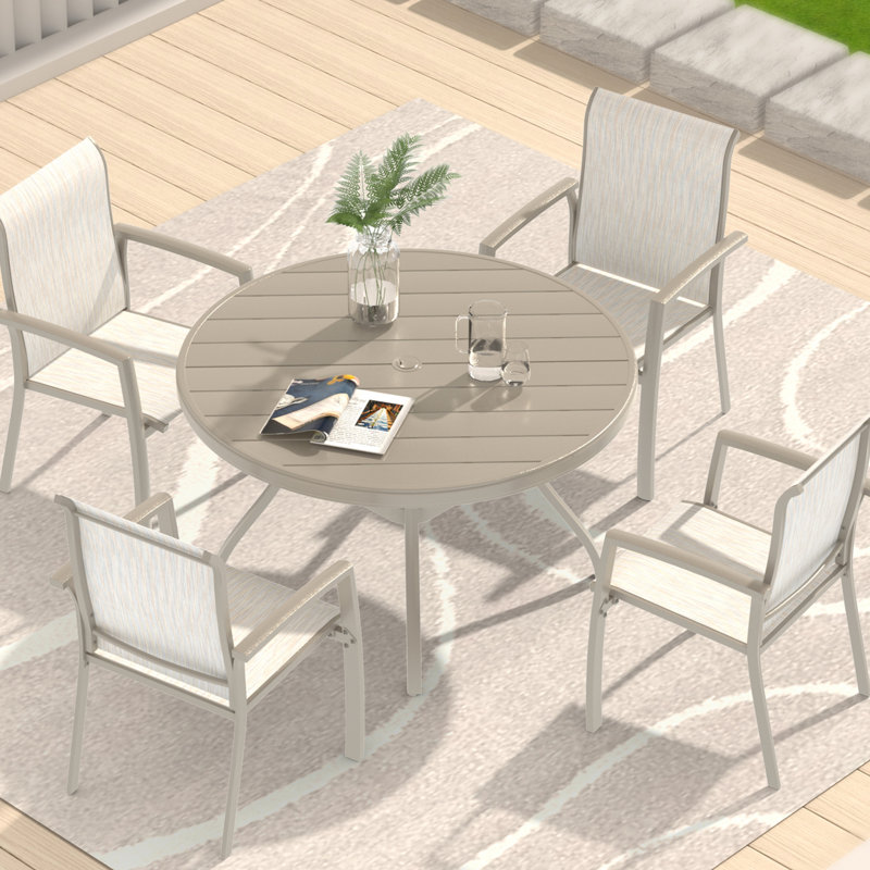 Outdoor Round Patio Table For 4 - 6, All Weather Metal With Umbrella Hole Lawn, Garden, Backyard. Powder Coating Rust Protection, Bent Leg Design Aesthetics And Stability, Non Marring Foot Caps.