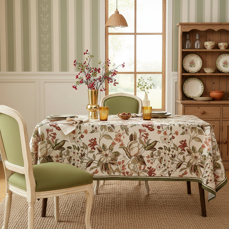 Bohemian Colorful Floral Linen Tablecloth 55"X71", Rectangular Wrinkle Resistant Decor