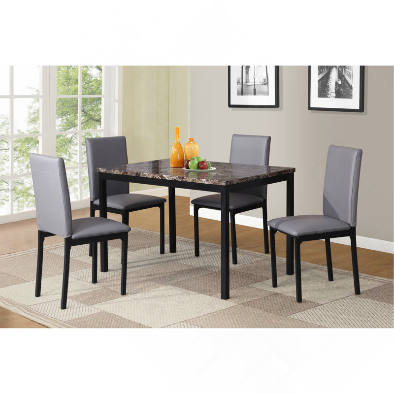 5 Piece Metal Dinette Set With Laminated Faux Marble Top, Gray, Gray