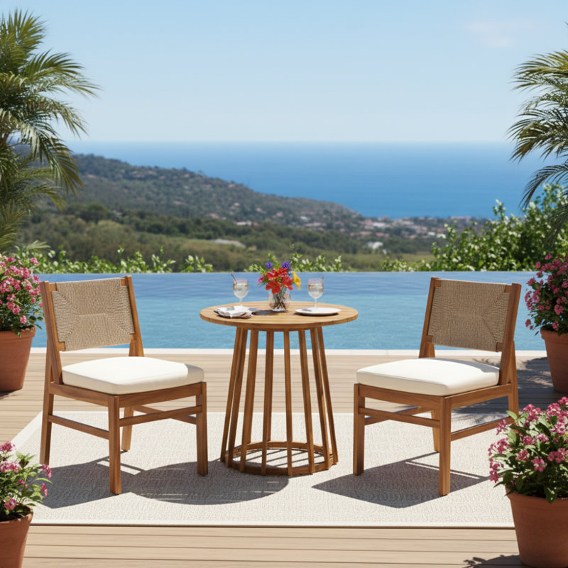 Peri Patio 3-Piece Acacia Wood & Wicker Woven Dining Set With Slatted Tabletop