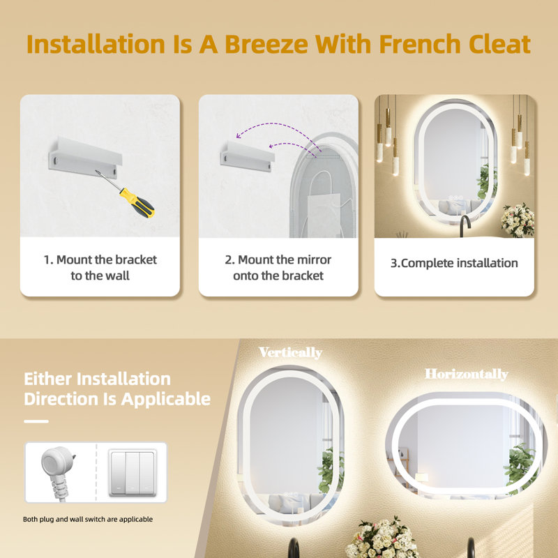 Lunara 192 LEDs/m LED Lighted Oval Bathroom/Vanity Mirror with ETL Certified, Anti-Fog Tempered Glass, 40" × 24"