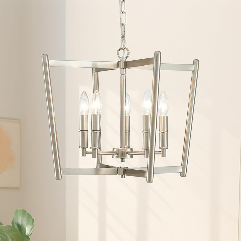 Modern Geometric Ceiling And Pendant Dual-Use Light Fixture, 5-Light Brushed Nickel Chandelier For Dining Room, Kitchen Island, Living Room, Entryway