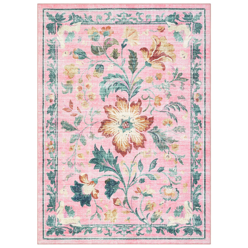 Washable Folding Floral Print Rug Washable Non - Slip Backing for Living Room Bedroom, 6ft, Rectangle 6' x 9', Pink