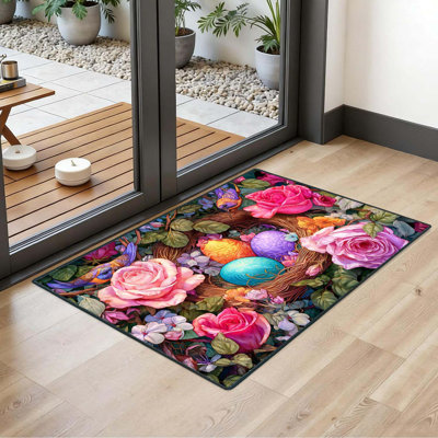 Tapis d'entrée 2 x 3 pi à motif floral nid d'oiseaux, tapis de porte avant antidérapants lavables