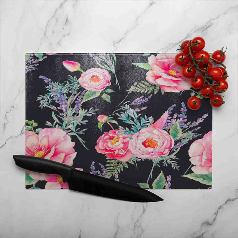 Watercolour Painting Of Flowers Glass Chopping Board, 40cm L x 28cm W