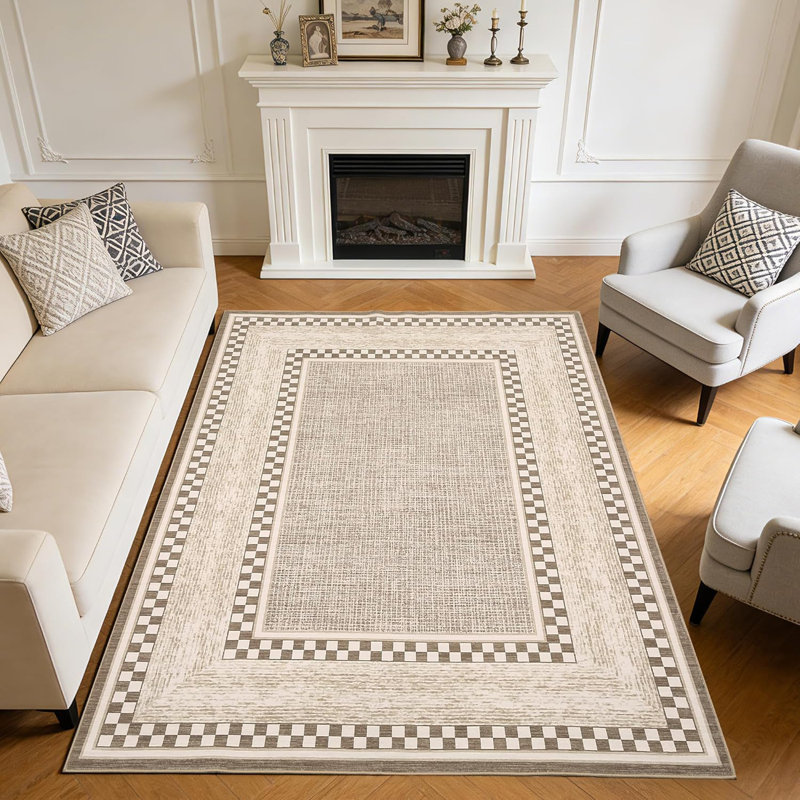 6x9 Checkered Area Rug, Washable Non Slip Low Pile Rug for Bedroom Living Room, Brown, Brown, Rectangle 6' x 9'