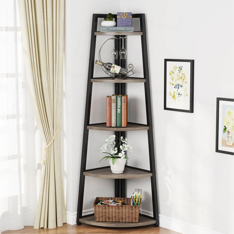70.07" Tall Corner Shelf, 5 Tier Corner Bookshelf Bookcase Industrial Corner Ladder Shelf Plant Stand for Living Room, Kitchen, Home Office
