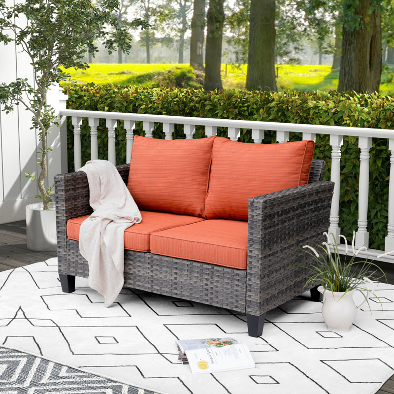 Lovall 50.39'' Wide Straight Powder Coated Steel Loveseat with Cushions, Orange Red
