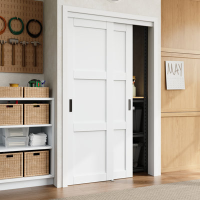 80" White Primed 1-Panel Or 3-Panels Closet Sliding Door With Hardware Kit & Handles