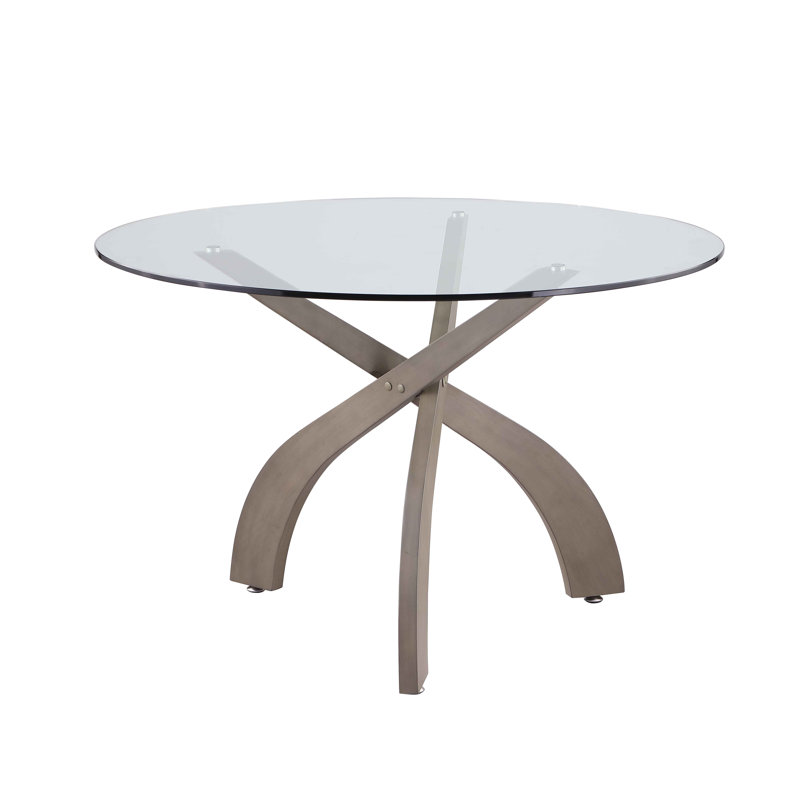 Contemporary Round Glass Top Dining Table w/ Solid Wood Base