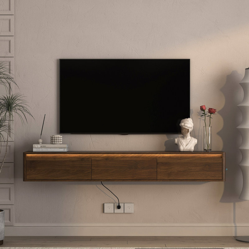 Floating TV Stand, Wall Mounted TV Shelf With Led Lights & Power Outlet,High Gloss TV Cabinet, 9.87”H x 68.93”L x 11.83”W