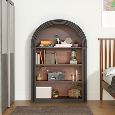 Black 4 - Shelf 45.66" Arched Wood Floor Bookcase, Storage In Bedroom, Robust , Elegant Design, Feature For Home Bookcase With Shelves, Finish, Stable Living Room, Vintage Modern Look, Tipping