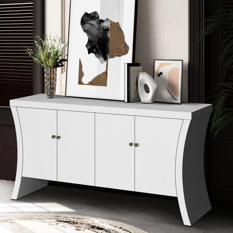 White 4-Door With Stable Wooden Arc Legs & Bronze Accents - Versatile Storage For Contemporary Living Rooms Handles Advanced Primary Space