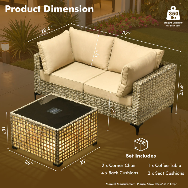 2-Person  Outdoor Sectional Loveseat Sofa With Cushions And Led Coffee Table ,All-Weather Wicker Patio Set, Beige