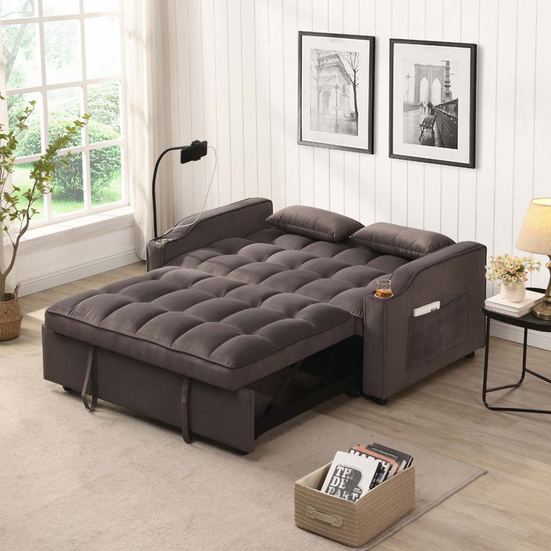 Canapé-lit en velours avec futon et causeuse, Brun