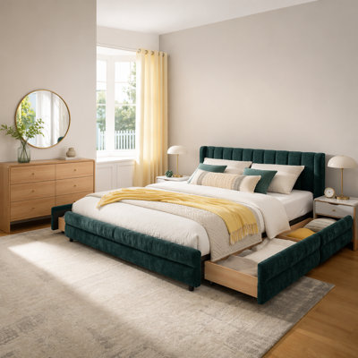 King Size Chenille Upholstered Bed Frame with Storage Drawers, Comfortable Headboard and Solid Construction in Blue and Green