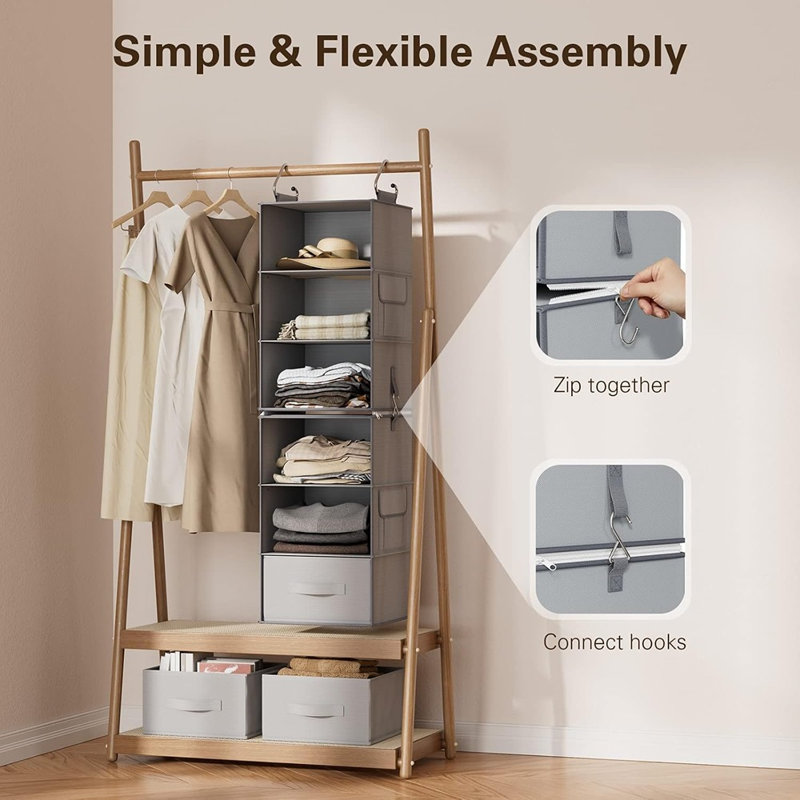 Organisateur de garde-robe à 6 tablettes avec 3 tiroirs, poches latérales et 3 tablettes séparables pour le rangement des garde-robes