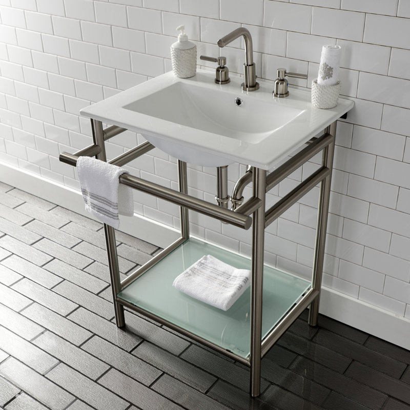 Kingston Brass Kaiser Two-Handle 3-Hole Deck Mount Widespread Bathroom Faucet with Brass Pop-Up Drain, Brushed Nickel