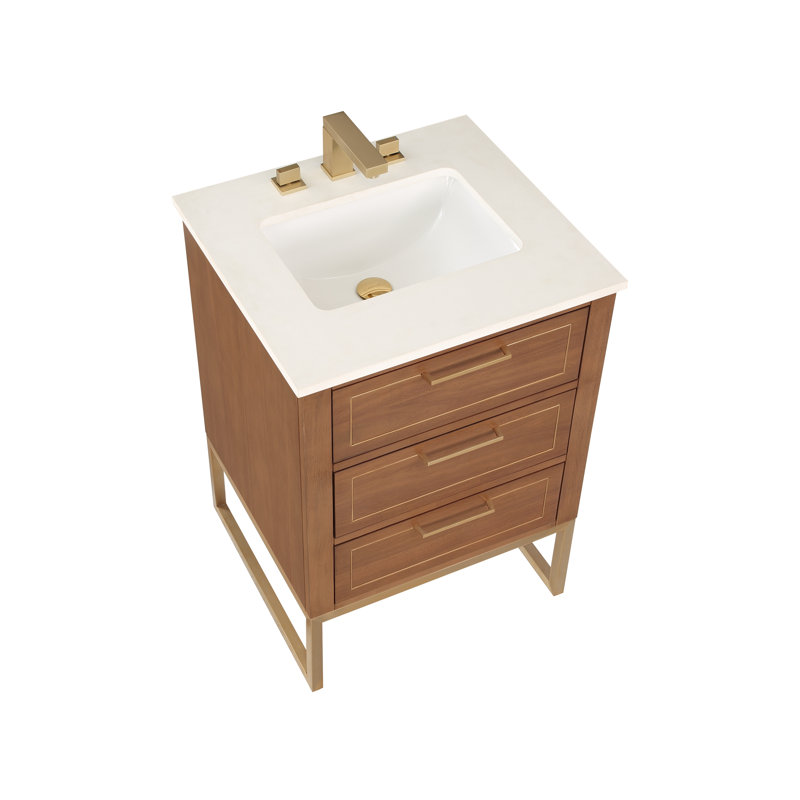Markham 24'' W Single Vanity, White Quartz, Satin Brass, Walnut