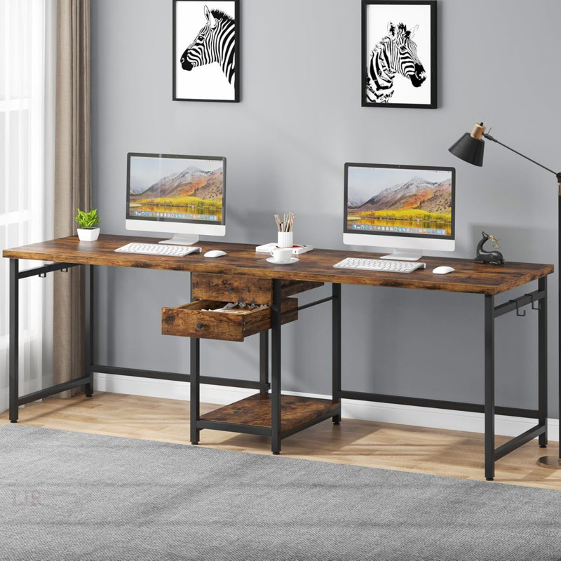 79-Inch Two Person Computer Desk With Drawers And Storage Shelves, Extra Long Double Workstation Table With Hooks, Industrial Writing Desk For Home Office, Rustic Brown