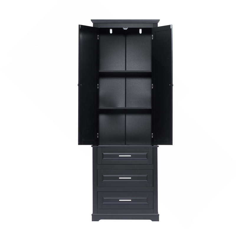 Tall Storage Cabinet With 3 Drawers & 2 Doors For Bathroom/Office, Black