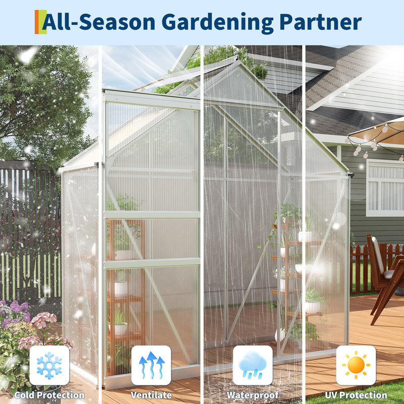 6x3 FT Outdoor Polycarbonate Greenhouse with Adjustable Roof Vent, Sliding Door, and Rain Gutter - Heavy Duty Aluminum Walk-in Greenhouse for Patio, Backyard, and Garden