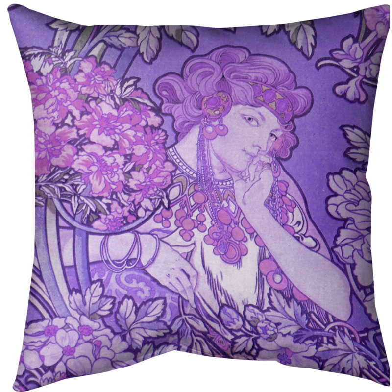 Coussin alphonse mucha femme entre les fleurs, Mauve, Faux lin