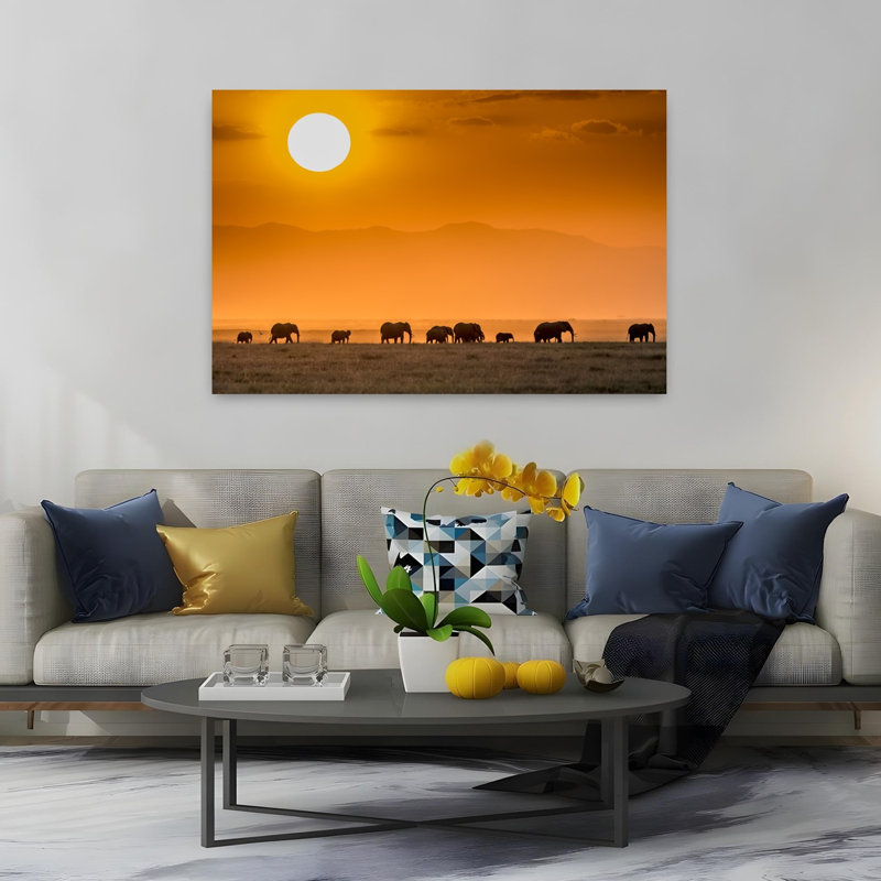 Elephant Family Sunset Peaceful Serene Abstract Elephant Landscape Nature Wall Art Print by Jeffrey C. Sink - 1 Piece Wrapped Canvas Wall Art