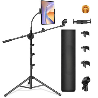 Pied de micro, support de microphone 6 en 1 avec support pour tablette réglable en hauteur de 30 po à 72 po Support de bras de trépied avec sac de transport en col de cygne pour chant de karaoké