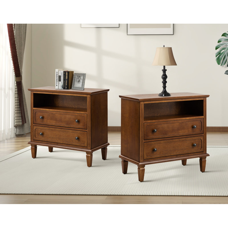 Amberlyn 28.2" W Traditional 2-Drawer End Table with Charging Station and Solid Wood Legs and Open Shelf, Walnut