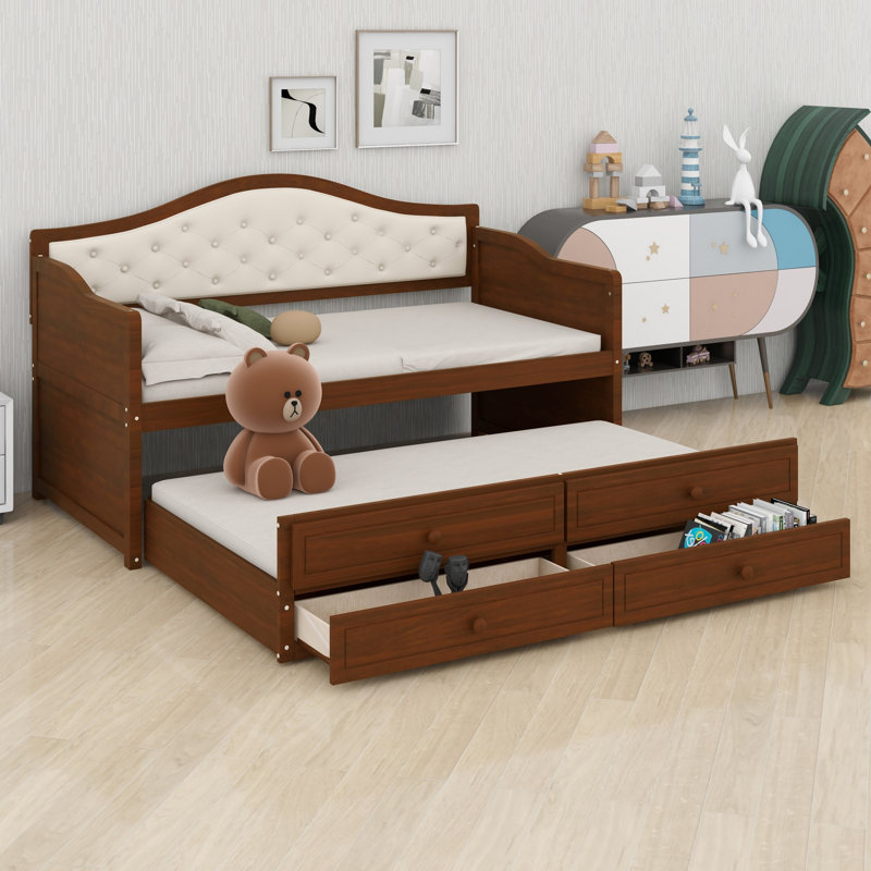 Daybed with Trundle, 2 Storage Drawers and Upholstered Button Tufted Backrest for Living Room, Bedroom and Guest Room, Walnut