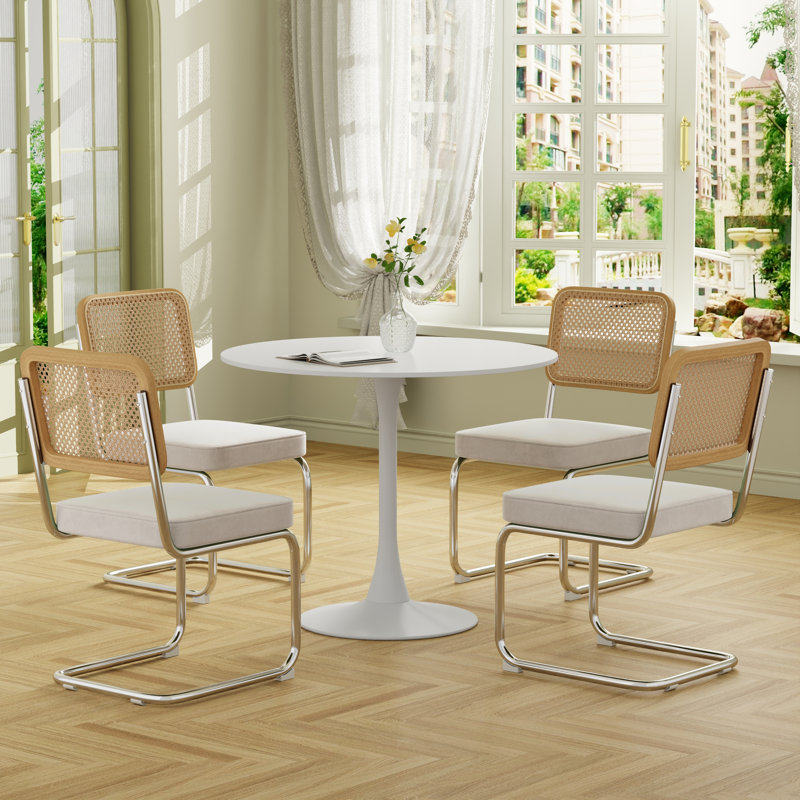 5 - Piece Pedestal Dining Table Set, Beige/Silver, 28.7"H x 31.5"L x 31.5"W, White